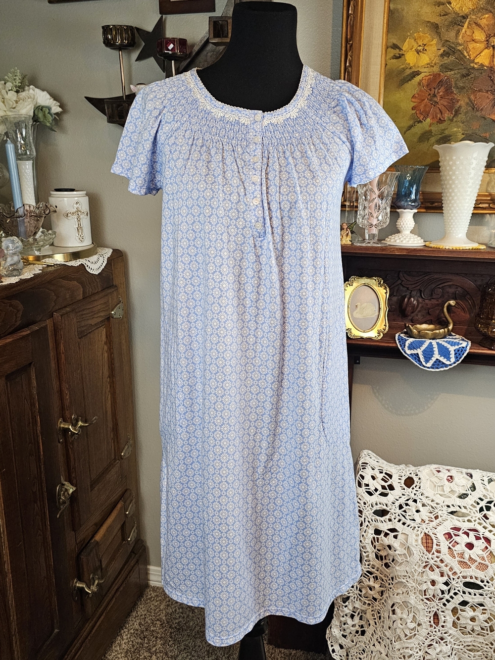 Aria Collection Blue Floral Cotton Nightgown Lace Trim Cottagecore S
